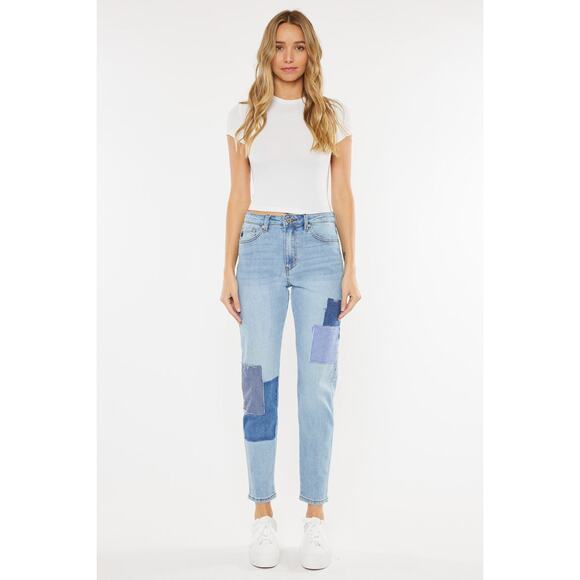 KanCan Nami High Rise Mom Patchwork Jeans Blue Size 25 - Picture 1 of 12